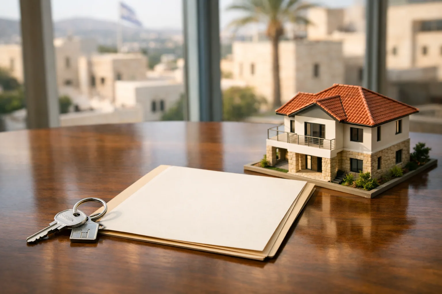 מפתח על שולחן לצד בית דגם ותיק משפטי