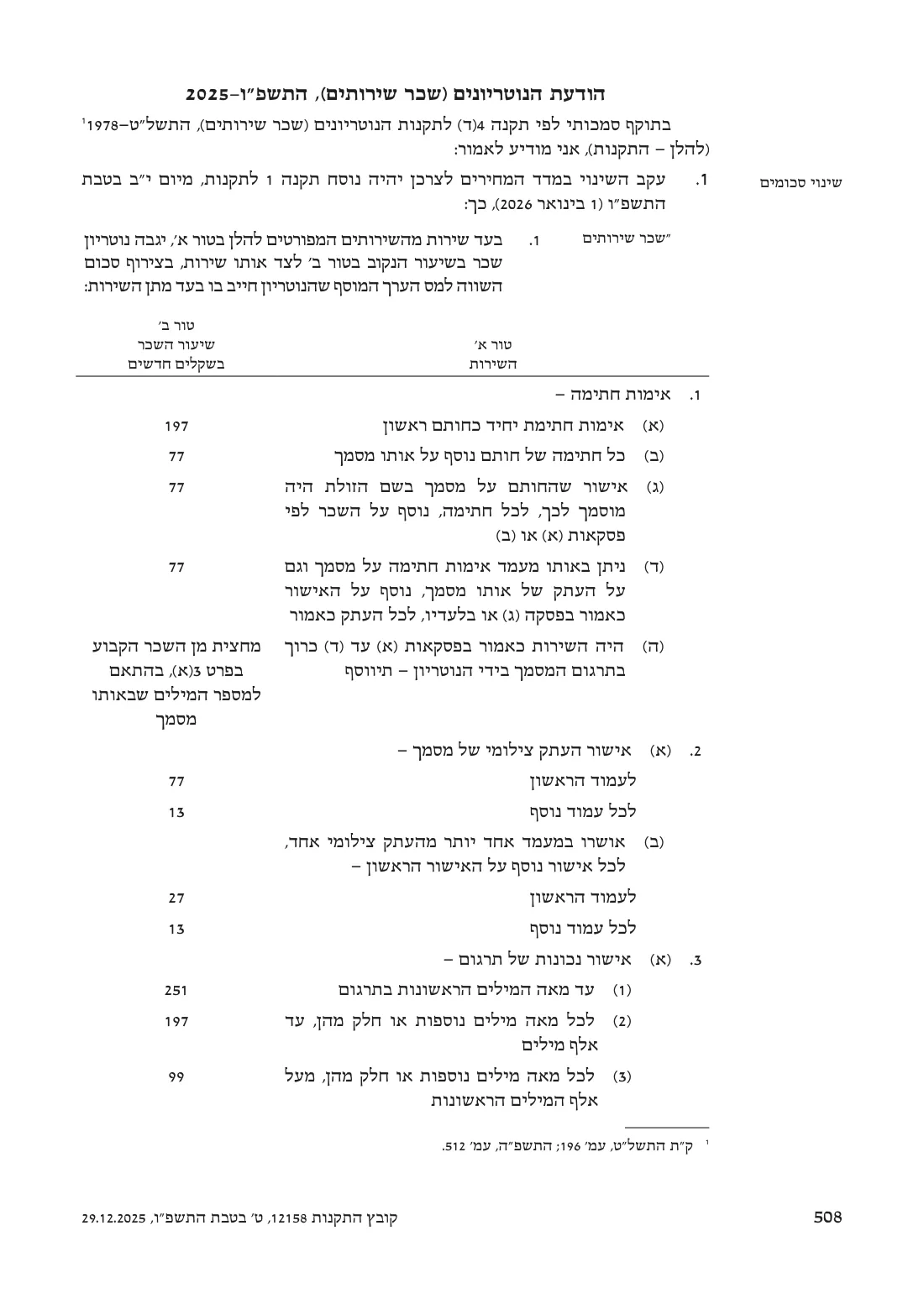 עמוד 508 בקובץ התקנות 12158: הודעת הנוטריונים (שכר שירותים) לשנת 2026